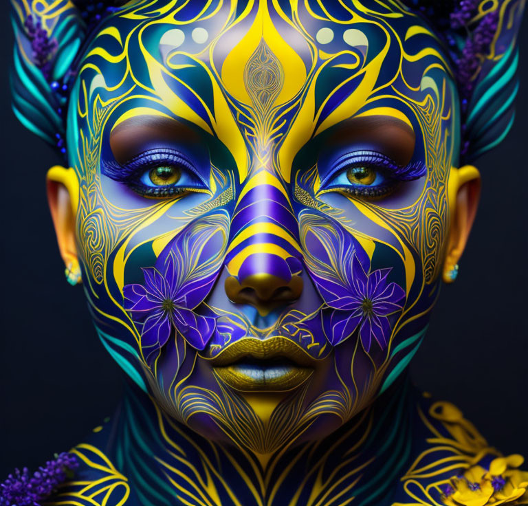 Close-Up Portrait of Person with Yellow and Blue Face Paint and Floral Body Art on Dark Background