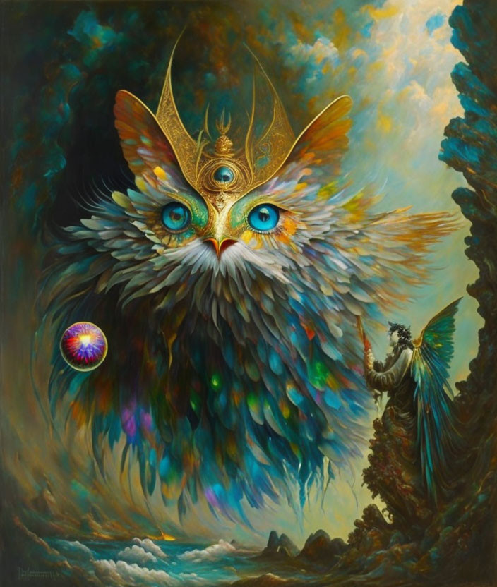 Large Owl Painting with Multicolored Feathers and Mystical Crown