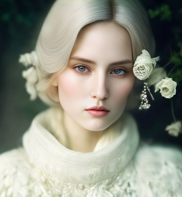 Portrait of woman with pale skin, blue eyes, white hair, white roses, vintage attire, and