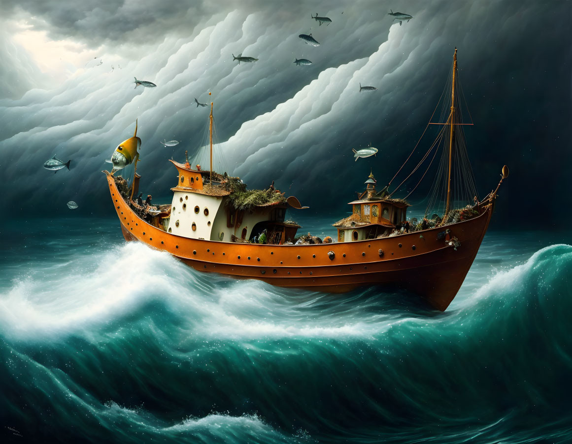 Fantastical ship with lush greenery sailing on stormy waves and flying fish