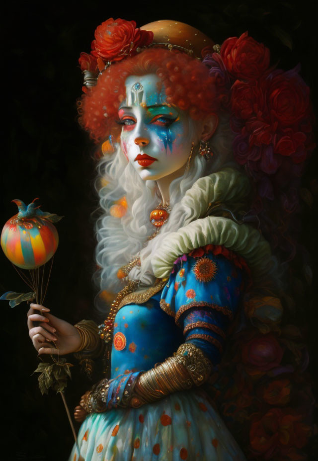 Portrait of woman with orange and blue makeup, feathered staff, jewels, roses, and surreal bird