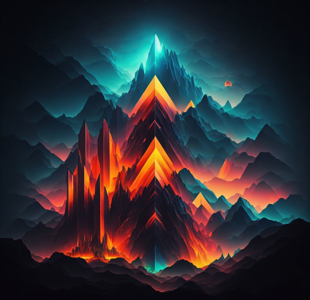 Colorful Stylized Mountain Range Artwork with Crescent Moon