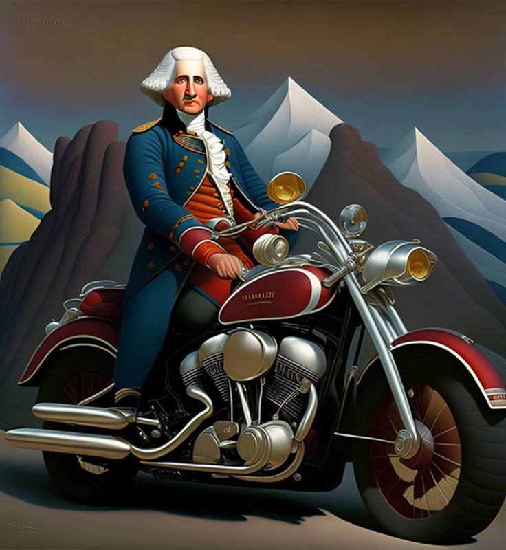 Historical figure on motorcycle in whimsical artwork