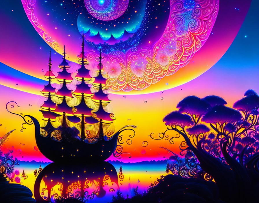 Colorful Psychedelic Ship Scene with Swirling Sky & Silhouetted Landscape