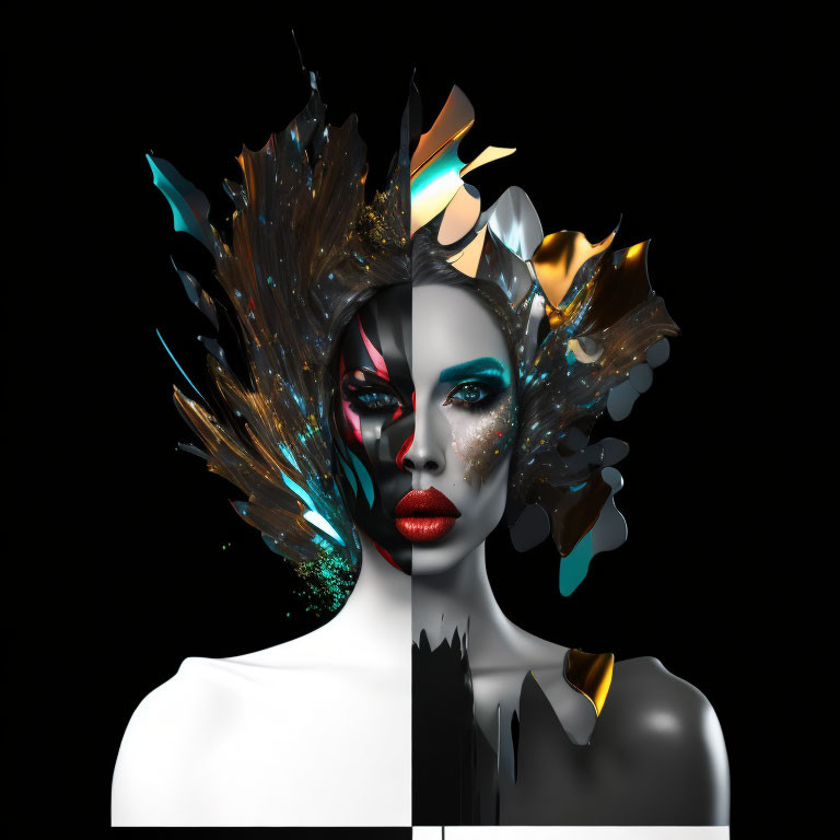 Abstract digital artwork: Woman with colorful burst on black background