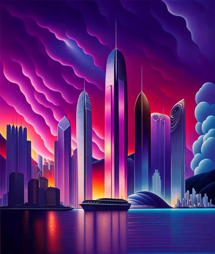 Futuristic neon-lit cityscape with sleek skyscrapers and purple sky