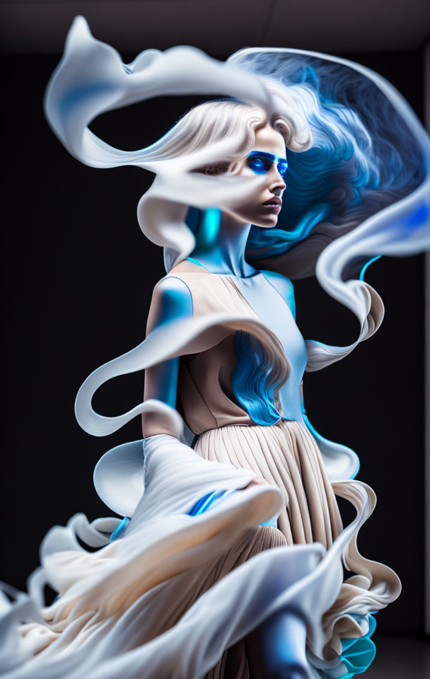 Surreal portrait of person with white and blue flowing hair and attire on dark background