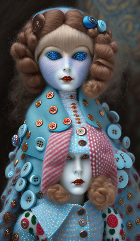 Button-decorated doll with blue features and intricate hair overlaid with translucent face.