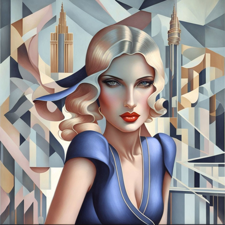 Blonde Woman Portrait with Red Lips and Blue Dress in Art Deco Cityscape