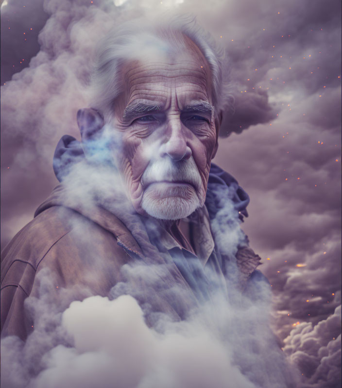 Stern elderly man in surreal cloud and sparkle setting