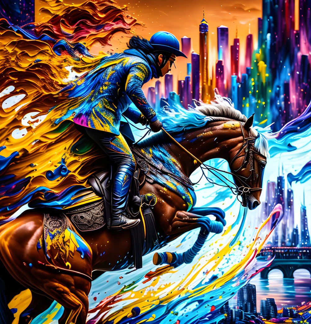 Colorful Rider on Horse in Futuristic Cityscape with Neon Lights