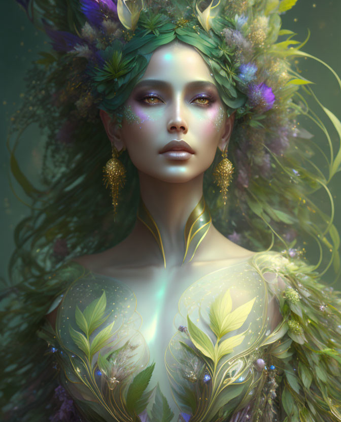 Elaborate green floral headwear and golden markings on mystical female figure