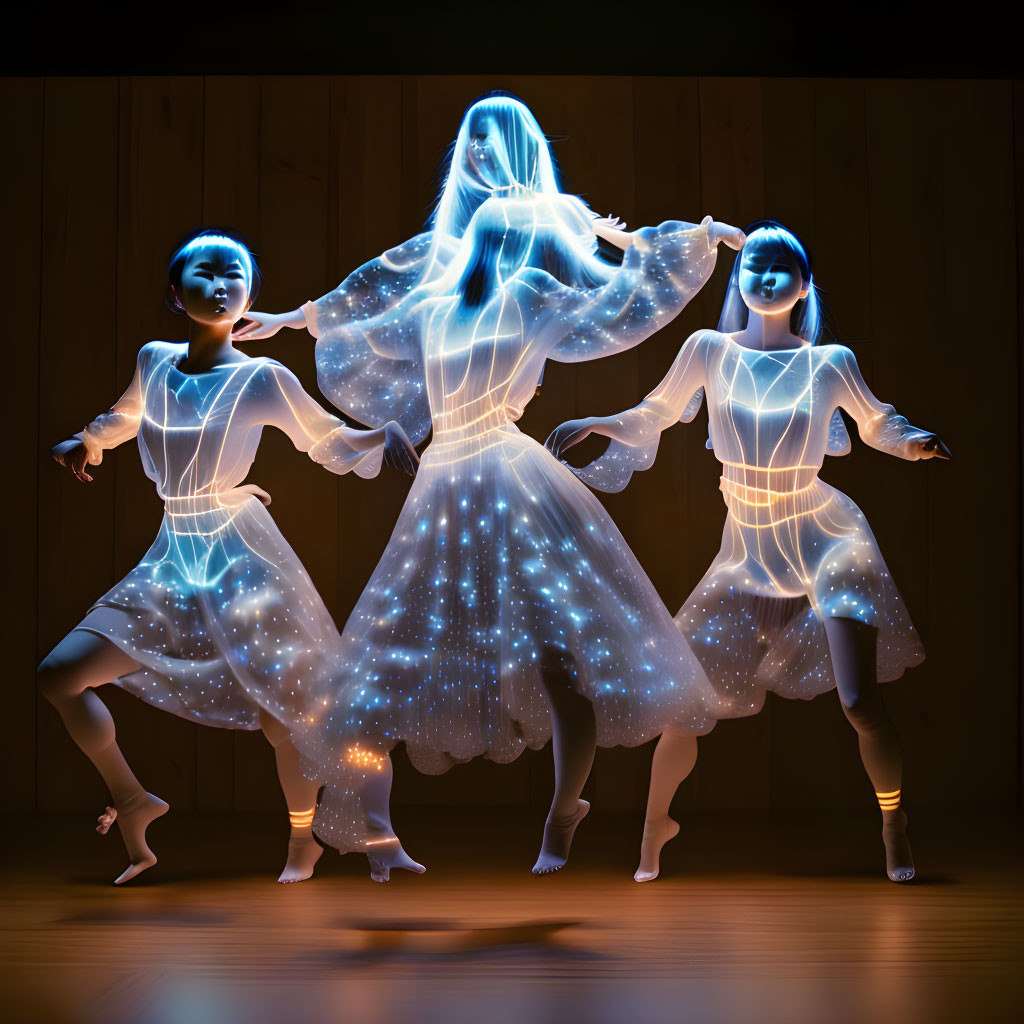 Three dancers in wireframe dresses illuminated with blue and white lights against a dark stage with wooden backdrop showcasing