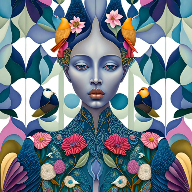 Symmetrical blue-skinned woman's face with birds and floral patterns