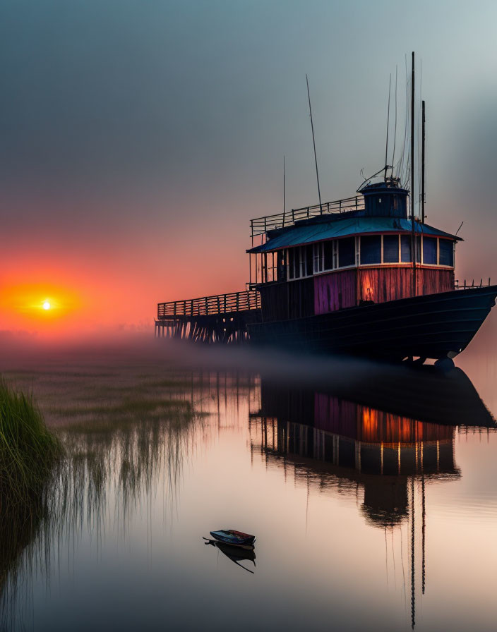 Boat reflection on tranquil water at sunset with mist, dock, and orange skies