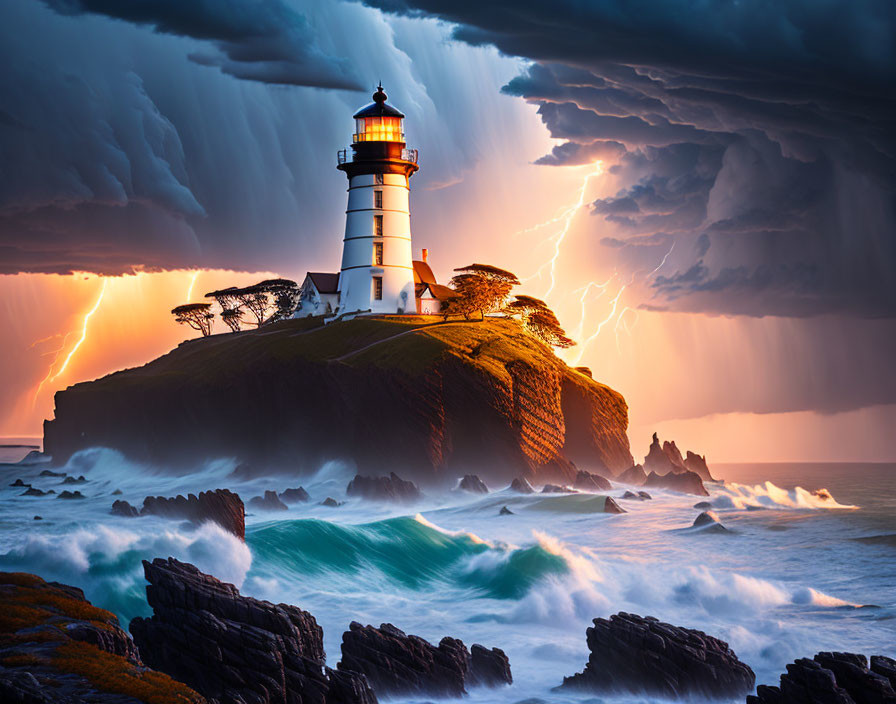 Majestic lighthouse in storm with lightning and ocean waves