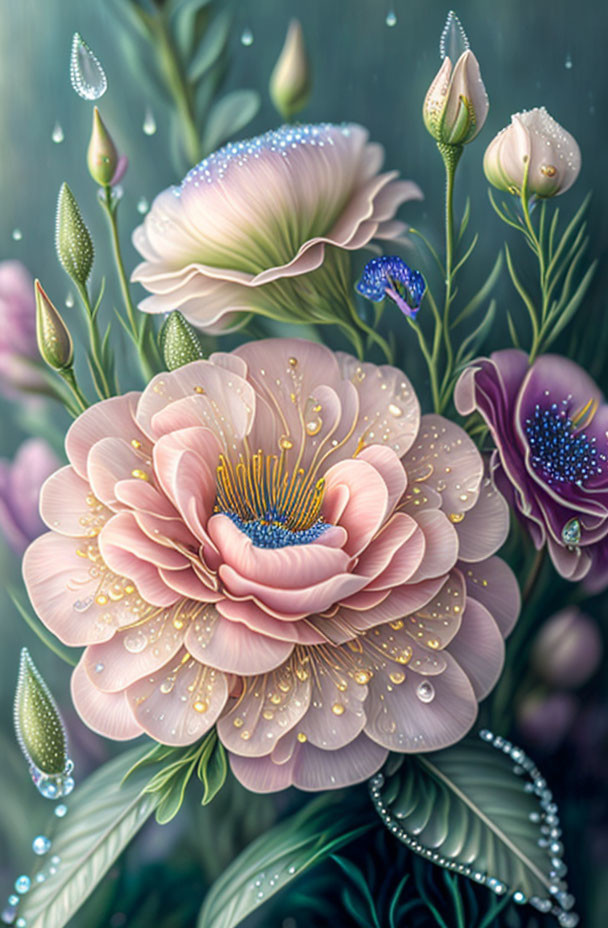 Delicate Dew-Covered Flowers in Soft Pastel Tones