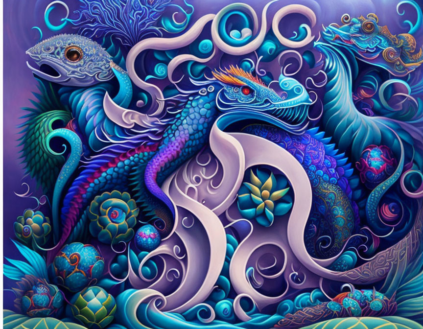 Vibrant Dragon Artwork with Floral Designs on Purple-Blue Background