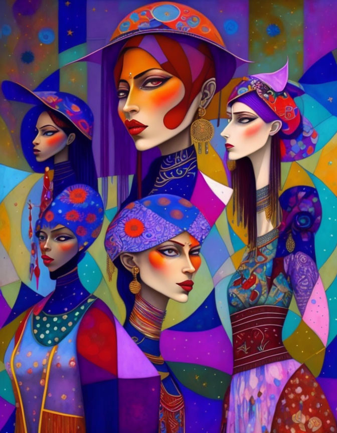 Colorful Artwork: Four Stylized Women in Intricate Clothing & Headdresses