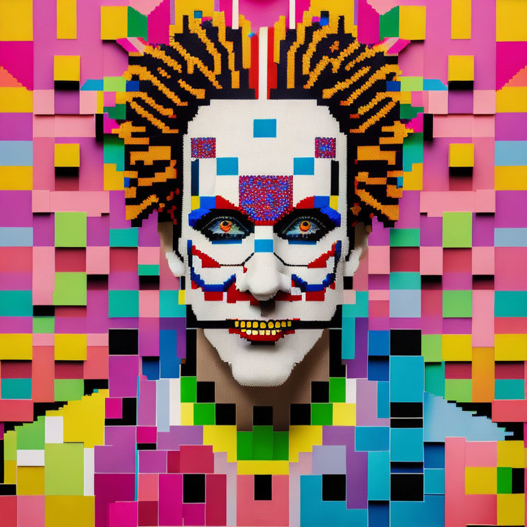 Colorful Pixelated Face Art with Checkerboard Background