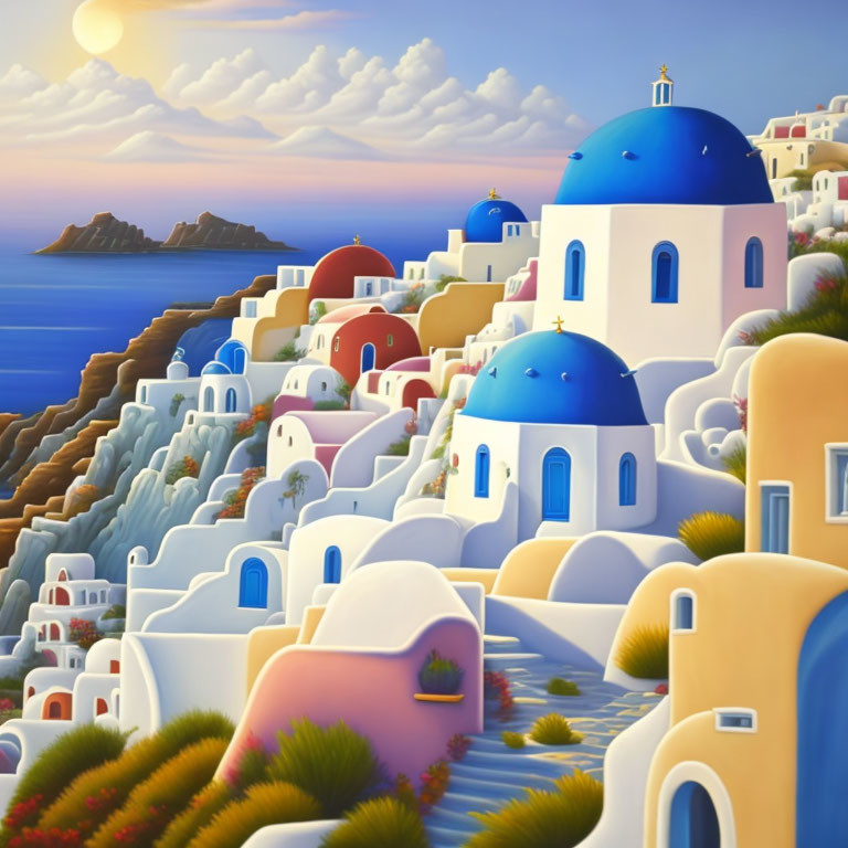 Greek Island Sunset: Whitewashed Buildings & Blue Domes