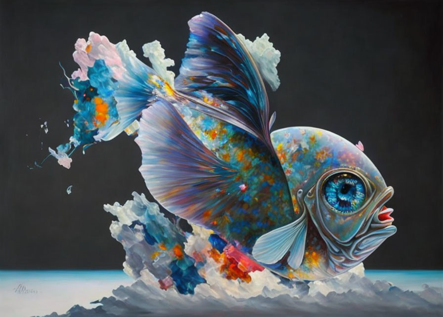 Colorful Fish Painting with Exaggerated Fins Against Dark Background