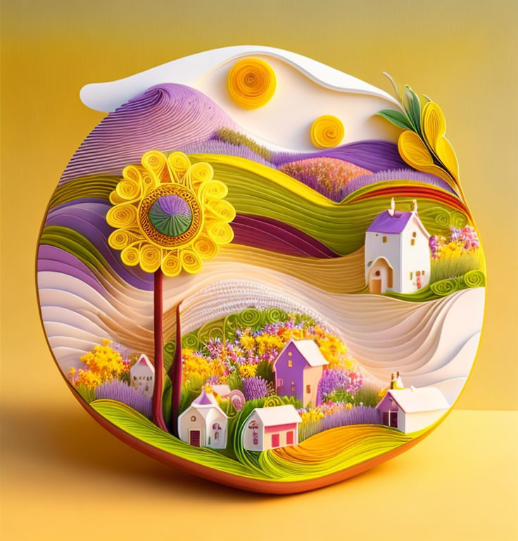 Colorful Paper Art: Whimsical Landscape Design with Rolling Hills and Colorful Houses