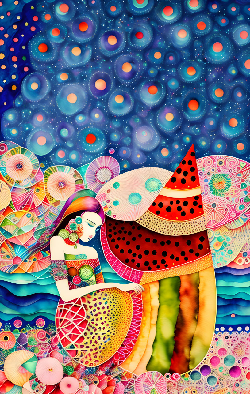 Abstract woman with vibrant patterns in celestial and oceanic backdrop