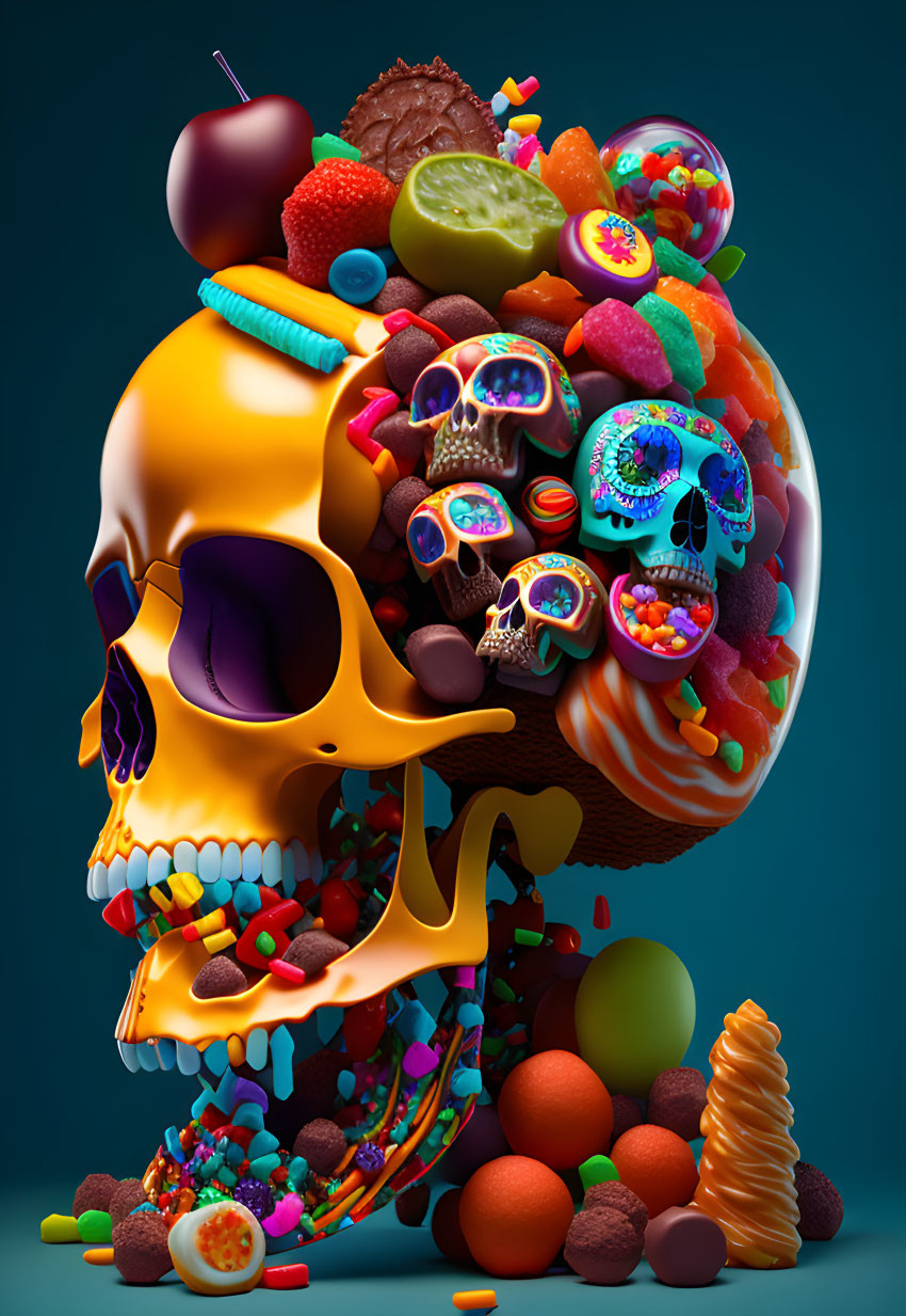 Vibrant surreal skull with candies, fruits, and desserts on teal background