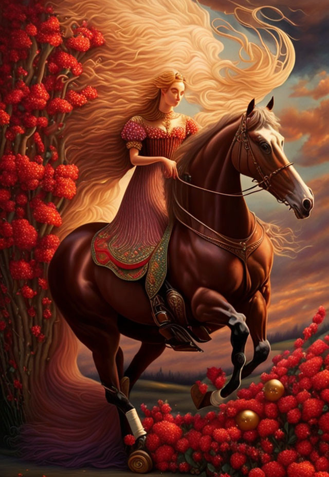 Blonde woman on chestnut horse in surreal landscape