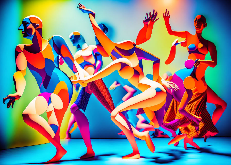 Colorful Stylized Figures Dancing on Blue and Yellow Background