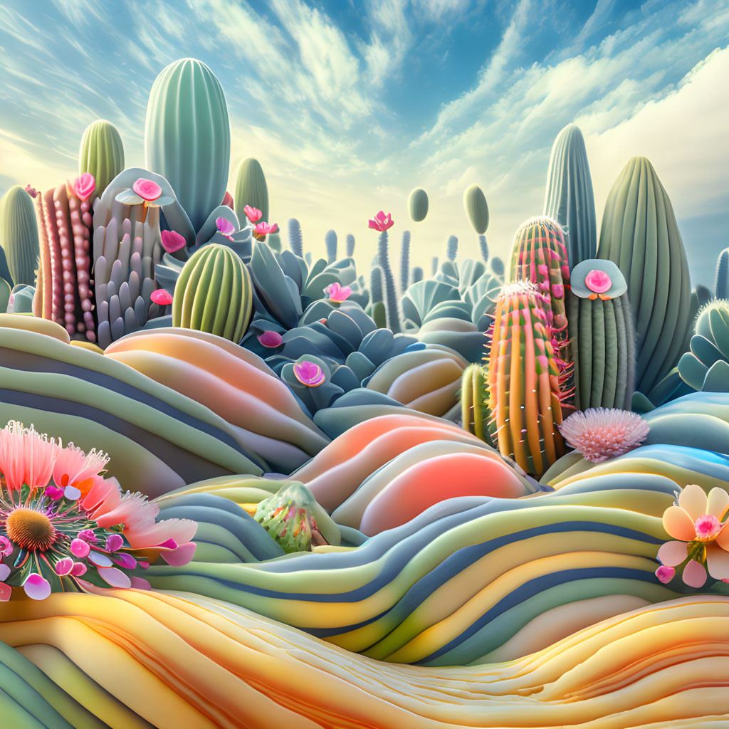 Colorful surreal landscape with rolling hills, cacti, and flowers under a blue sky