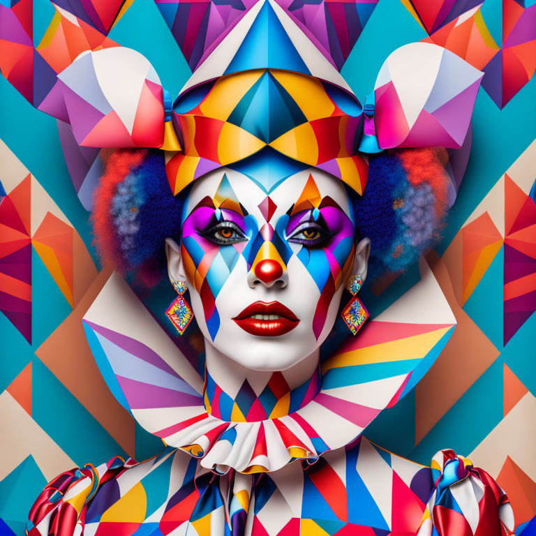 Colorful digital artwork: Woman with geometric makeup and jester hat