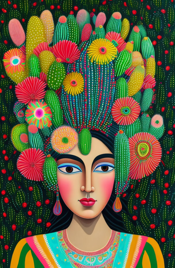 Colorful cactus-inspired headdress on person with symmetrical face paint in starry backdrop