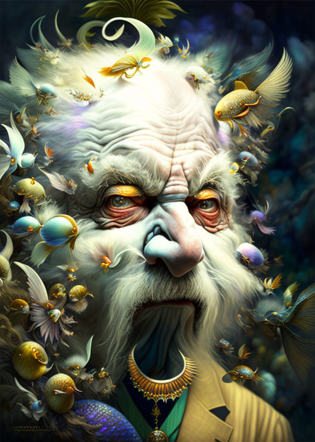 Colorful fantastical fish surround serious elderly man in whimsical illustration