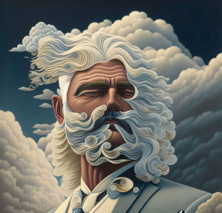 Illustration of stern man with white curly beard blending into cloudy sky