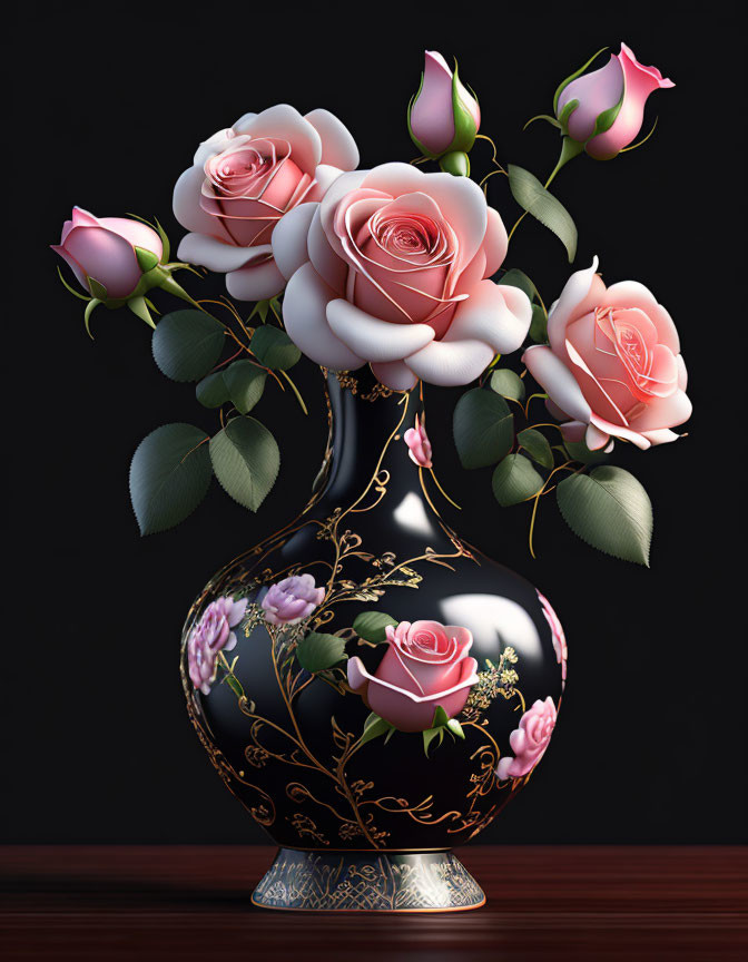 Digital Artwork: Black Vase with Golden Floral Patterns and Pink Roses