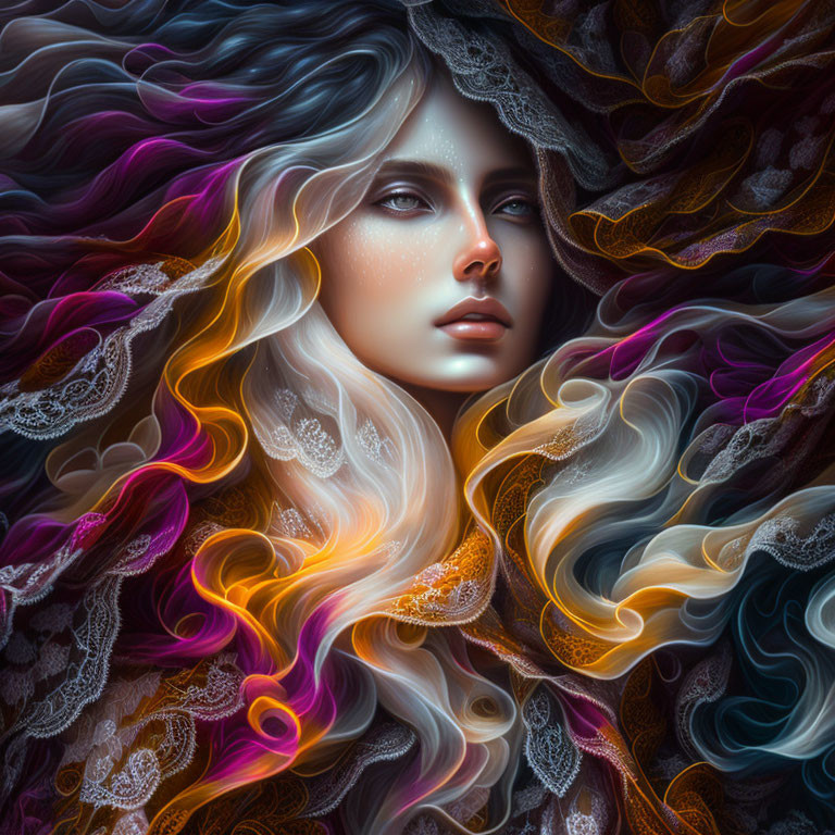 Colorful digital portrait of woman with flowing multicolored hair against abstract background.