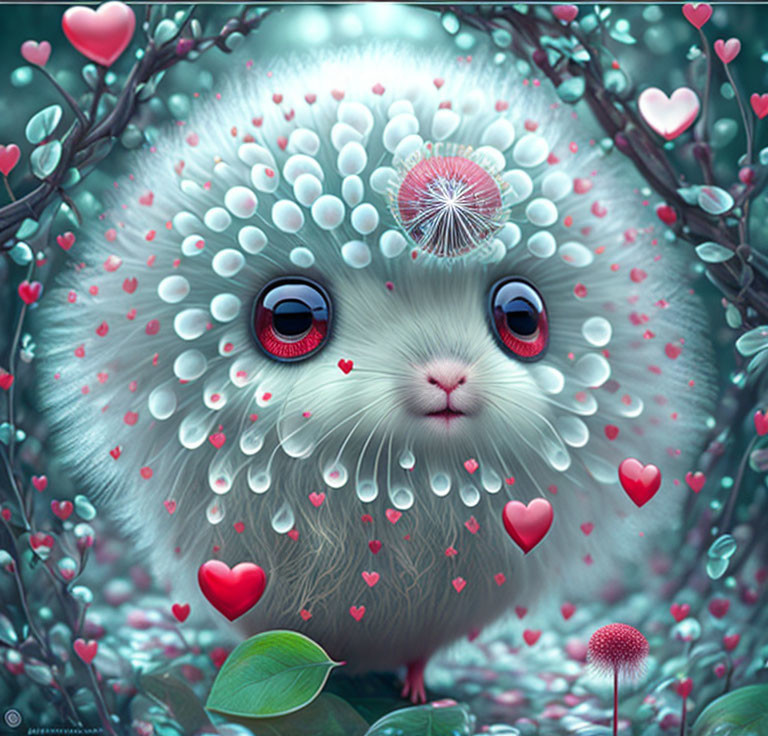 Fantasy creature with big blue eyes in whimsical flora setting