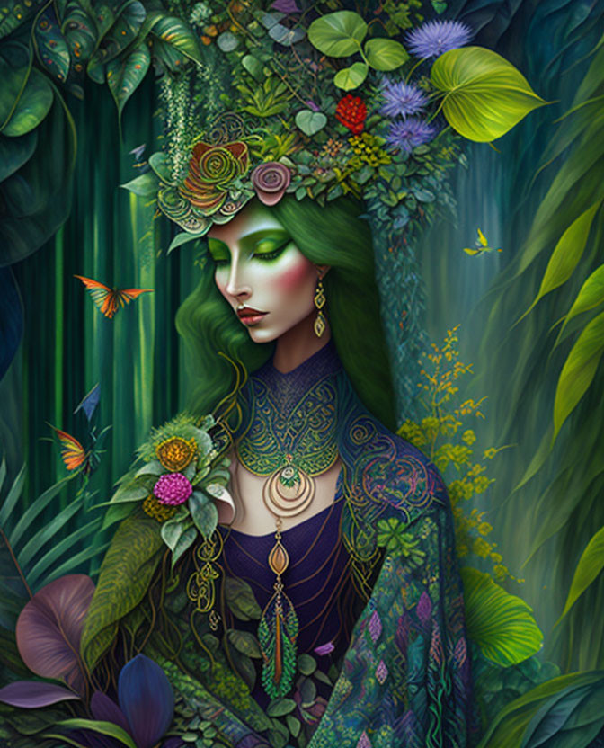 Illustration of female figure with green skin, floral crown, jewelry, surrounded by greenery and butterflies