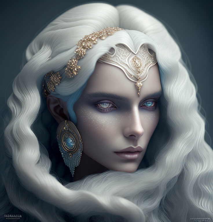 Illustration of person with pale skin, blue eyes, white wavy hair, celestial jewelry