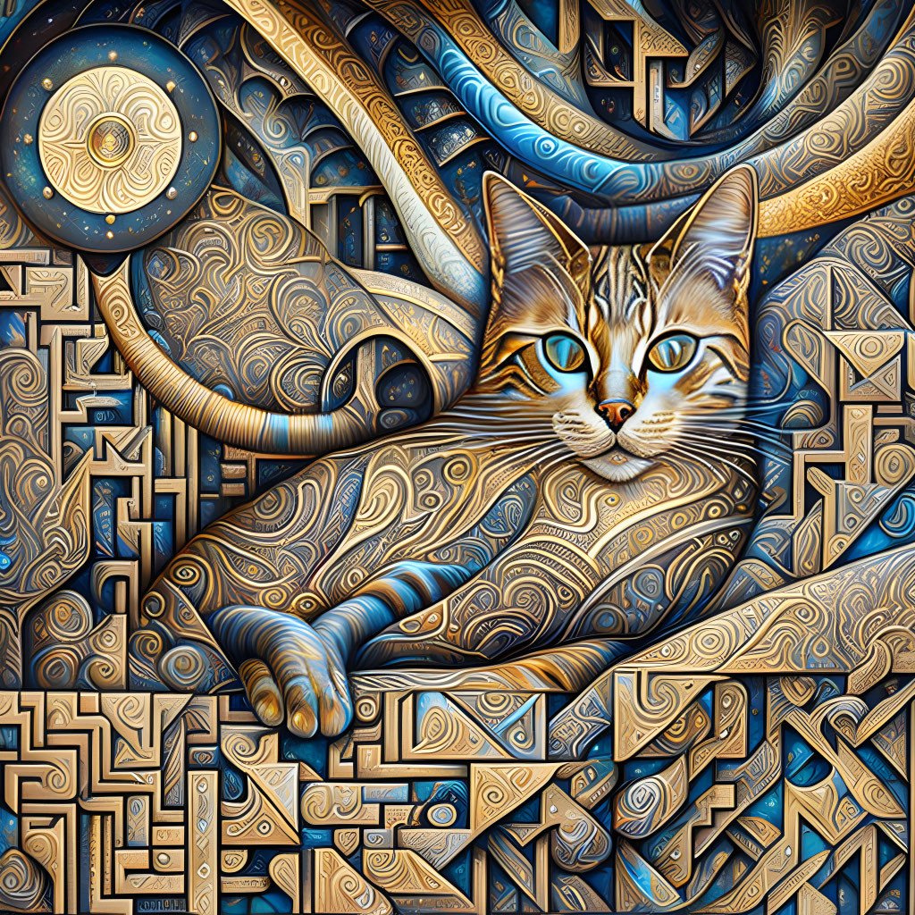 Intricate golden patterns on cat against ornate blue background