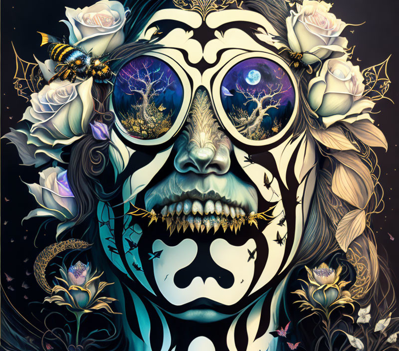 Surreal portrait with tree-like eyes, bee, thorns, and flowers on dark background