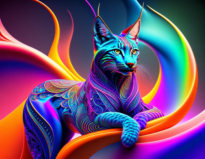 Vibrant neon-lit patterned cat in colorful digital art