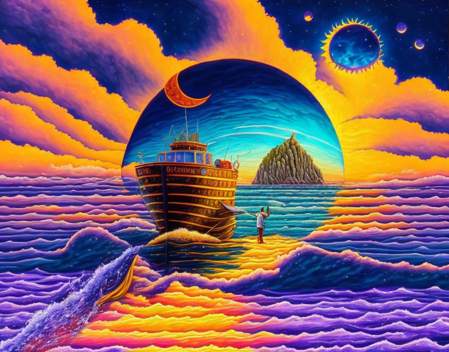 Colorful Surrealist Painting of Boat on Wavy Seas