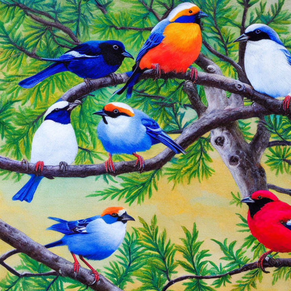 Vibrant bird species illustration on tree branches with detailed background