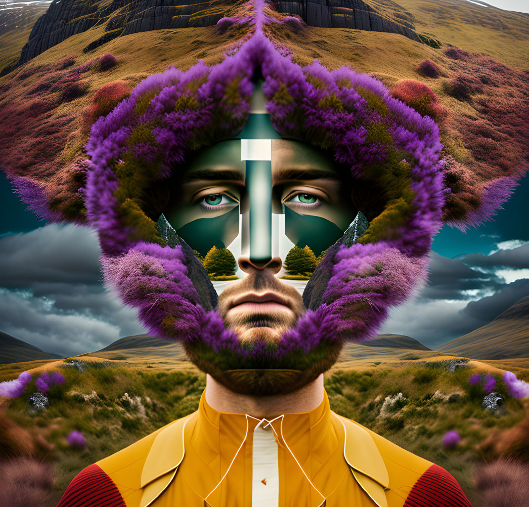 Surreal portrait blending man's face with vibrant purple flora and mountainous landscape