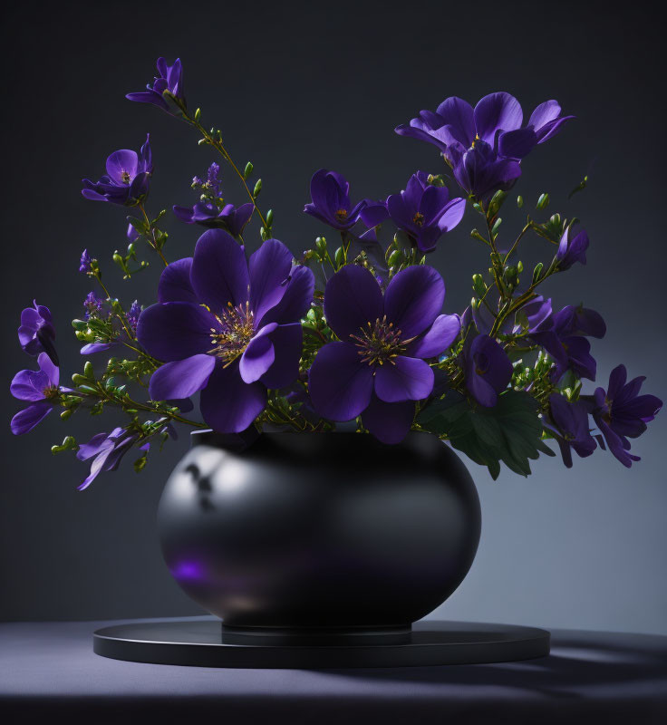 Vibrant Purple Flowers in Glossy Black Vase on Circular Stand