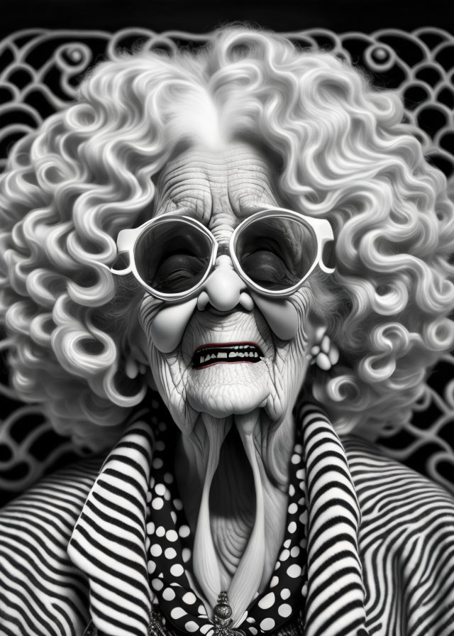 Elderly woman in polka-dot dress and sunglasses smiles broadly