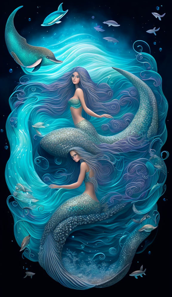 Mermaids with Long Hair Swimming Among Fish in Deep Blue Water